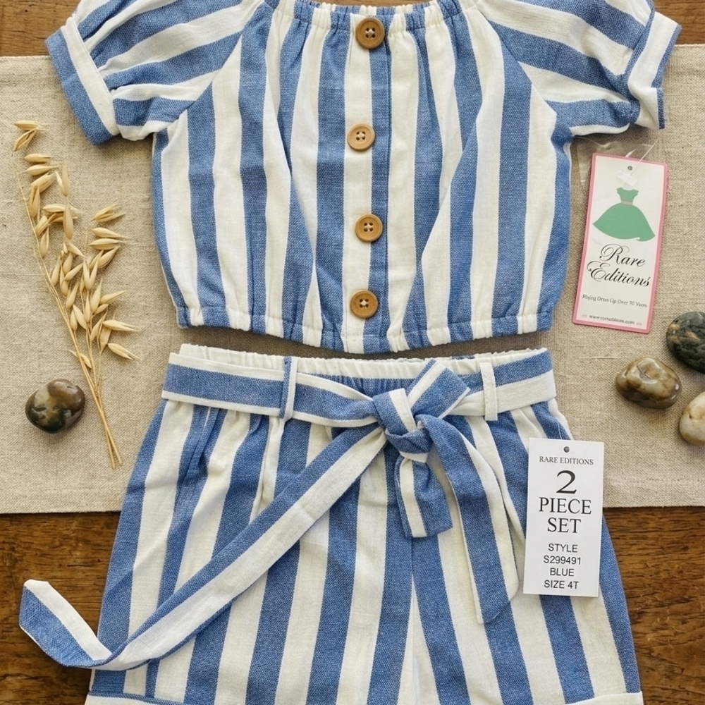 Rare Editions Blue/White Striped 2-Piece Girls Short Set, Size 4T, NWT